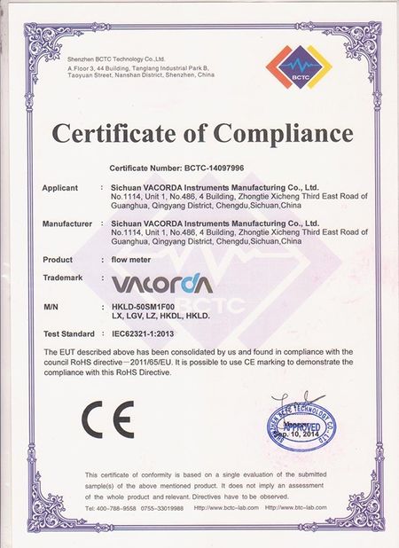 چین Sichuan Vacorda Instruments Manufacturing Co., Ltd گواهینامه ها