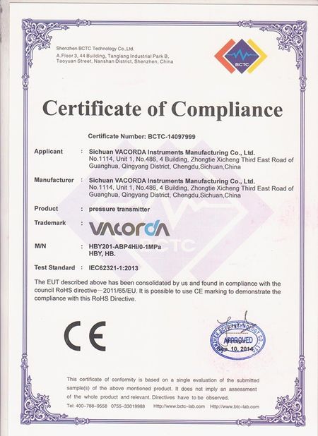چین Sichuan Vacorda Instruments Manufacturing Co., Ltd گواهینامه ها